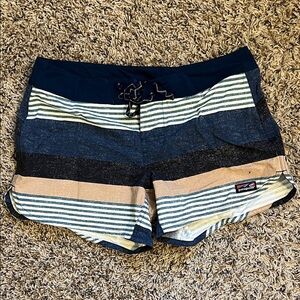 Patagonia Women's Striped Athletic Shorts - Navy and Tan